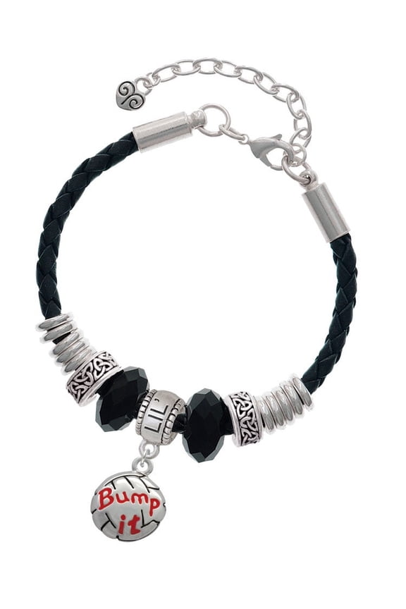 Silvertone Volleyball - ''Bump It'' Lil Sister Celtic Knot Leather Bead Bracelet, 7"+2" Extender