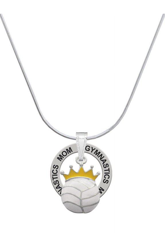 Silvertone Volleyball - Crown Gymnastics Mom Ring Charm Necklace, 18"