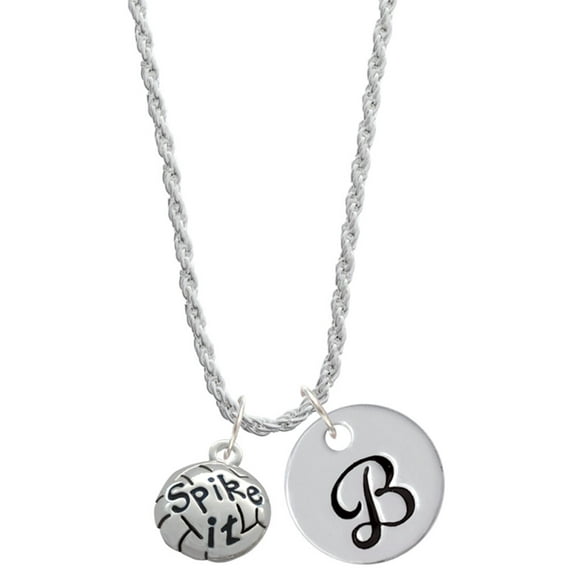 Delight Jewelry Silvertone Volleyball - ''Spike It'' Silvertone Script Initial Disc - B - Charm Necklace, 20"+3"