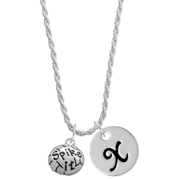 Delight Jewelry Silvertone Volleyball - ''Spike It'' Silvertone Script Initial Disc - X - Charm Necklace, 20"+3"