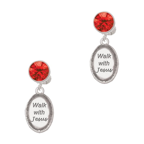 Delight Jewelry Silvertone Walk with Jesus Oval Red Crystal Clip on Earrings