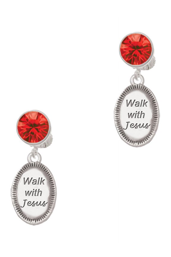 Silvertone Walk with Jesus Oval Red Crystal Clip on Earrings