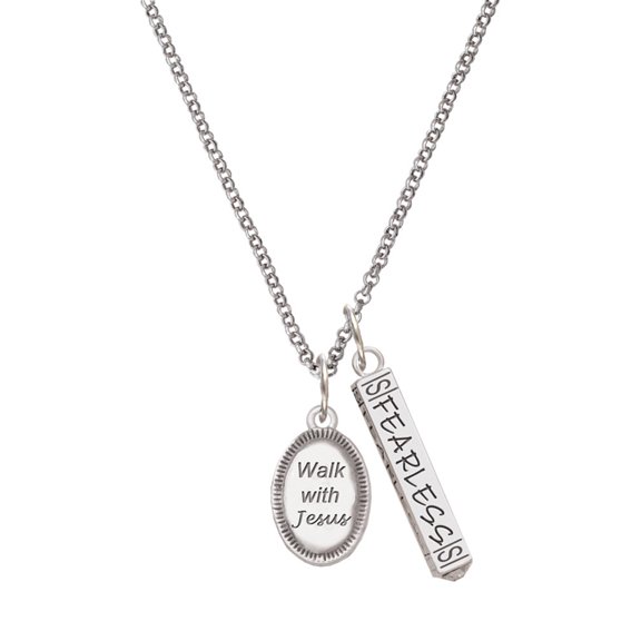 Delight Jewelry Silvertone Walk with Jesus Oval Silvertone Fearless Bar Charm Necklace, 23"
