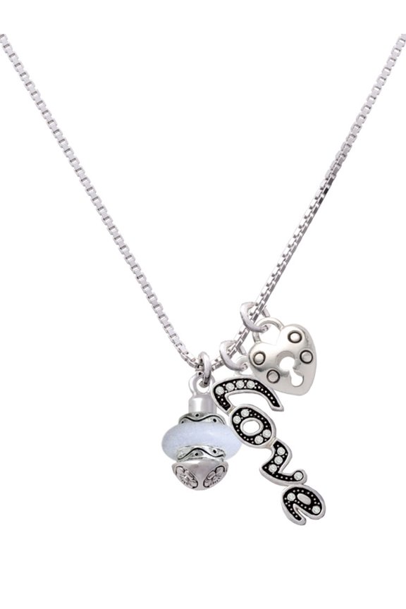 Silvertone White Center Spinner - Love and Lock Charm Necklace, 18"+1"