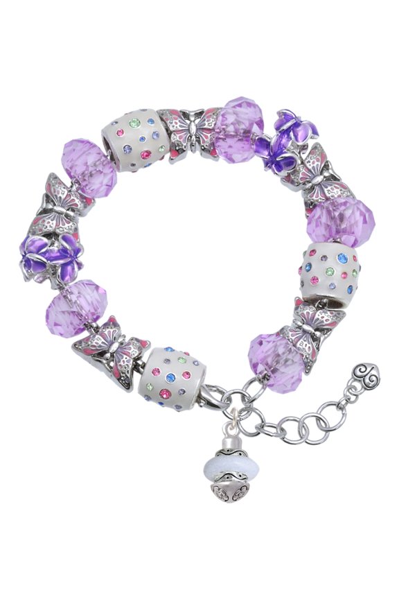 Silvertone White Center Spinner Purple Butterfly Bead Charm Bracelet, 7"+1" Extender