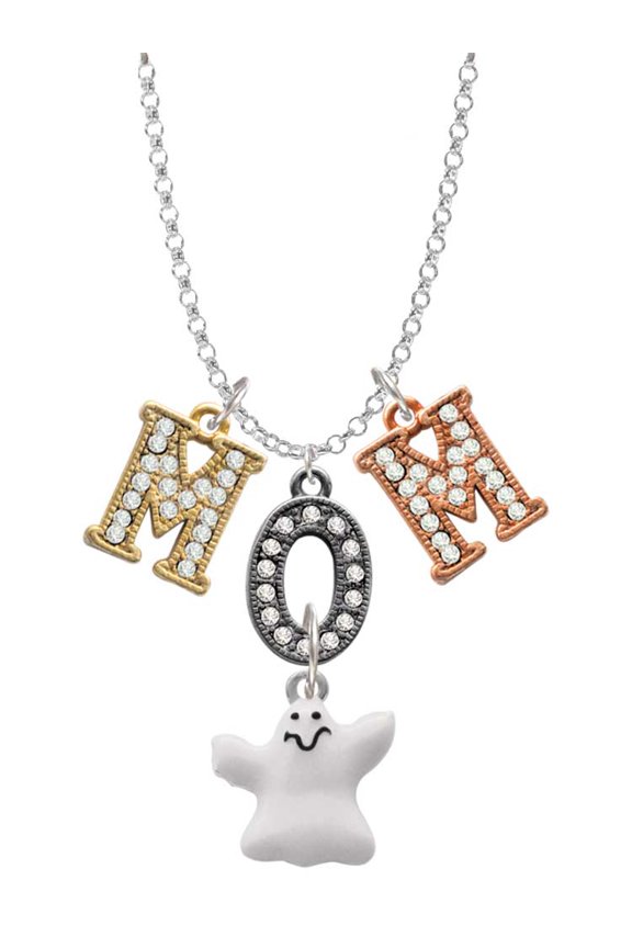 Silvertone White Ghost Multi-Colored Crystal Mom Charm Necklace