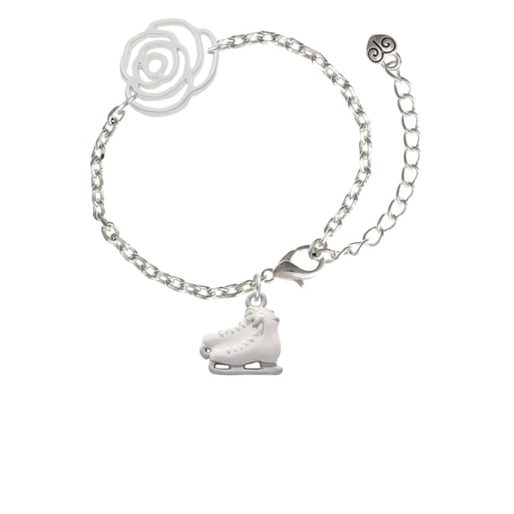 Delight Jewelry Silvertone White Ice Skates Silver-tone Flower Link Chain Bracelet, 6.75"+2" Extender