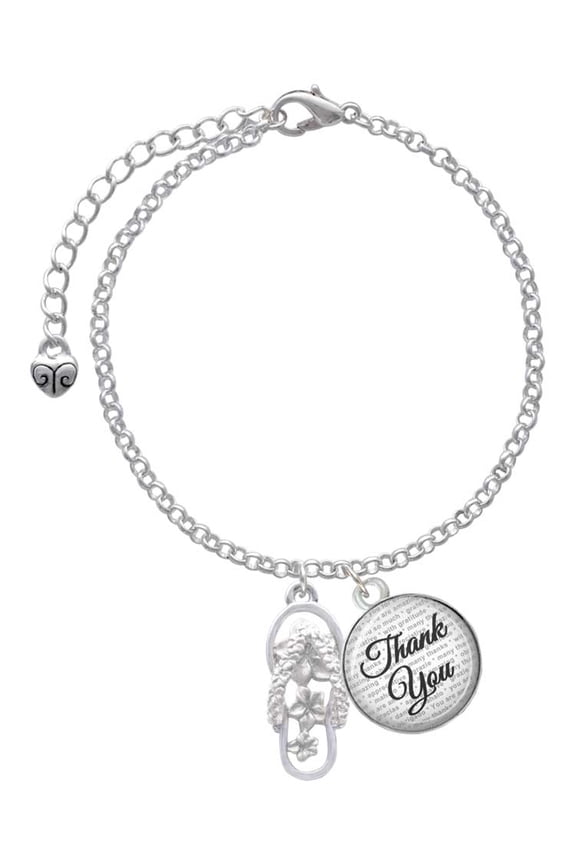 Silvertone White Open Plumeria Flower Flip Flop - Domed Thank You Charm Bracelet, 6"+2"