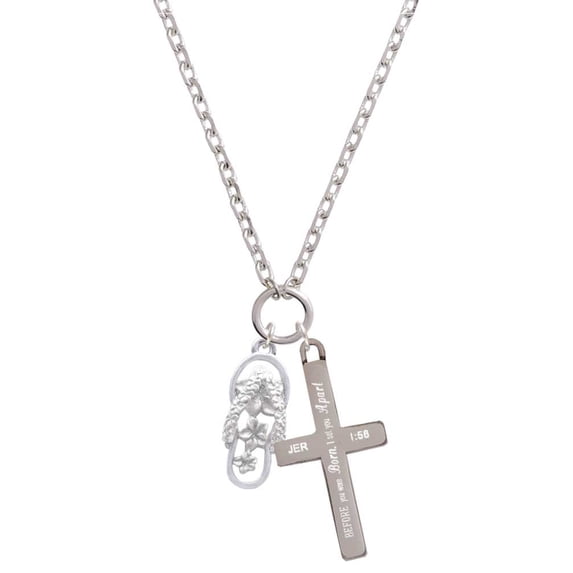Delight Jewelry Silvertone White Open Plumeria Flower Flip Flop I Set You Apart Engraved Cross Zoey Necklace, 28"
