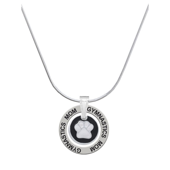 Delight Jewelry Silvertone White Paw on Black Disc Gymnastics Mom Ring Charm Necklace, 18"