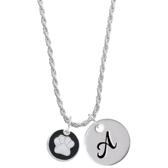 Delight Jewelry Silvertone White Paw on Black Disc Silvertone Script Initial Disc - A - Charm Necklace, 20"+3"