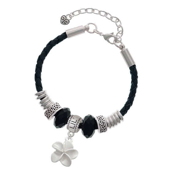 Delight Jewelry Silvertone White Plumeria Flower Big Sister Celtic Knot Leather Bead Bracelet, 7"+2" Extender