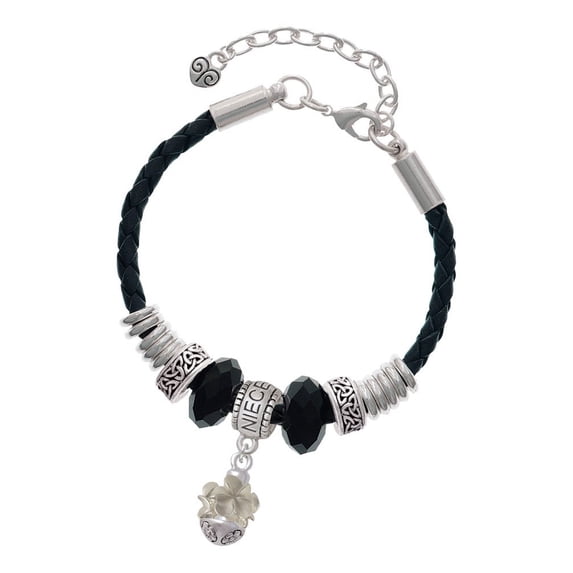 Delight Jewelry Silvertone White Plumeria Flowers Spinner Niece Celtic Knot Leather Bead Bracelet, 7"+2" Extender