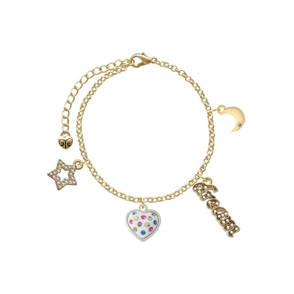 Delight Jewelry Silvertone White Resin Heart with Spring Crystals Goldtone Dream Big Charm Bracelet, 7.5+2" Extender