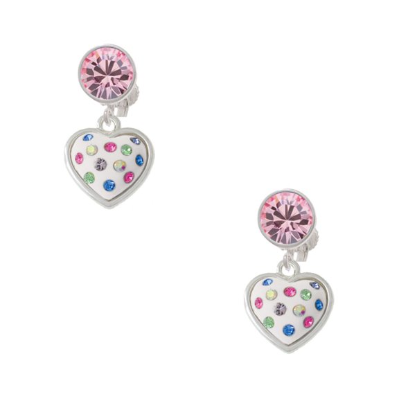 Delight Jewelry Silvertone White Resin Heart with Spring Crystals Pink Crystal Clip on Earrings