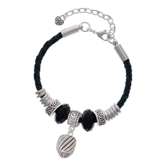 Delight Jewelry Silvertone Wide Diagonal Cable Spinner Niece Celtic Knot Leather Bead Bracelet, 7"+2" Extender