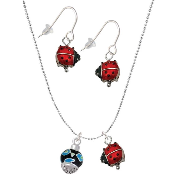 Delight Jewelry Silvertone Wide Hot Blue Cheetah Print Band Spinner Red Lucky Ladybug Necklace and Dangle Earrings Set