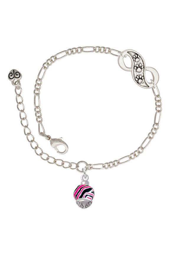 Silvertone Wide Hot Pink Zebra Print Band Spinner Silver-tone Paw Infinity Link Chain Bracelet, 6"+2" Extender