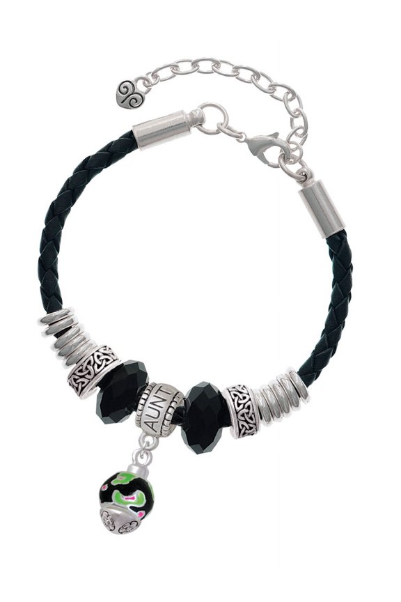 Silvertone Wide Lime Green Cheetah Print Band Spinner Aunt Celtic Knot Leather Bead Bracelet, 7"+2" Extender