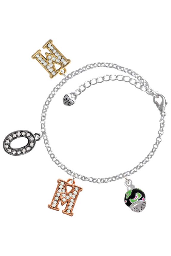 Silvertone Wide Lime Green Cheetah Print Band Spinner Multi-Colored Crystal Mom Charm Bracelet