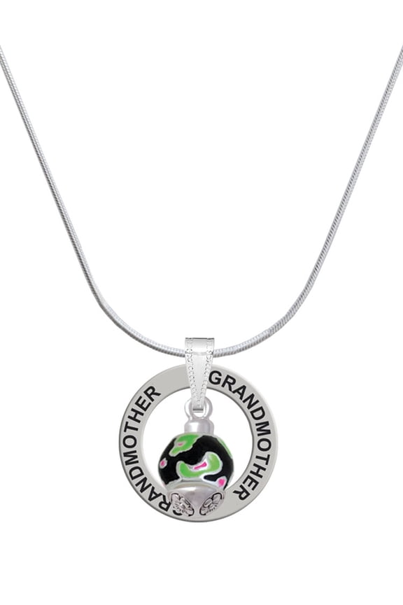 Silvertone Wide Lime Green Cheetah Print Band Spinner Silvertone Grandmother Ring Charm Necklace, 18"