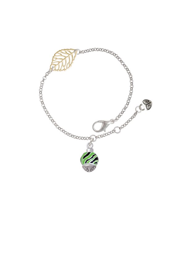 Silvertone Wide Lime Green Zebra Print Band Spinner - Goldtone Leaf Delicate Bracelet, 6.25+1.75"