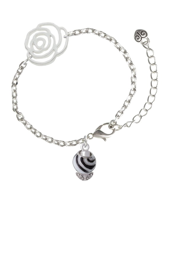 Silvertone Wide Zebra Print Spinners Silver-tone Flower Link Chain Bracelet, 6.75"+2" Extender