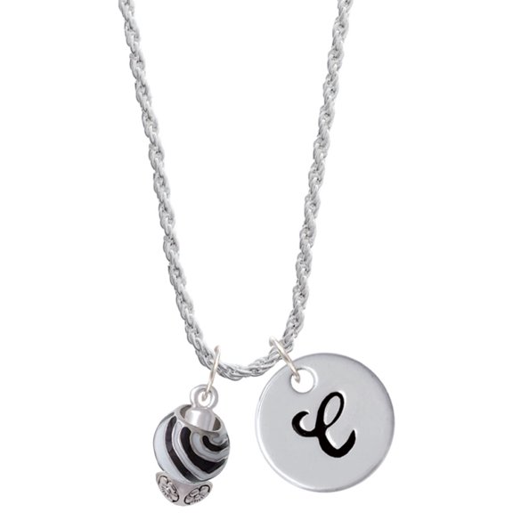 Delight Jewelry Silvertone Wide Zebra Print Spinners Silvertone Script Initial Disc - C - Charm Necklace, 20"+3"