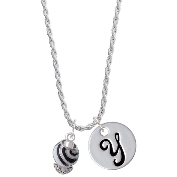 Delight Jewelry Silvertone Wide Zebra Print Spinners Silvertone Script Initial Disc - Y - Charm Necklace, 20"+3"