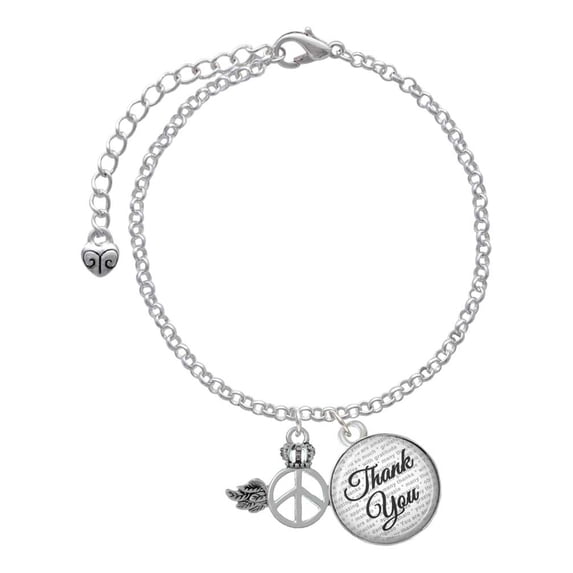 Delight Jewelry Silvertone Winged Peace Sign with Crown - Domed Thank You Charm Bracelet, 6"+2"