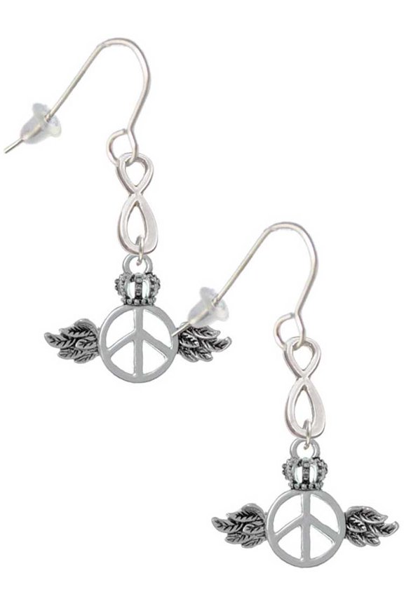 Silvertone Winged Peace Sign with Crown Silver tone Infinity French Earrings