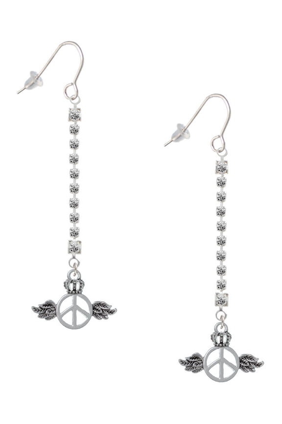 Silvertone Winged Peace Sign with Crown - Silver-tone Long Sparkle Dangle French Earrings