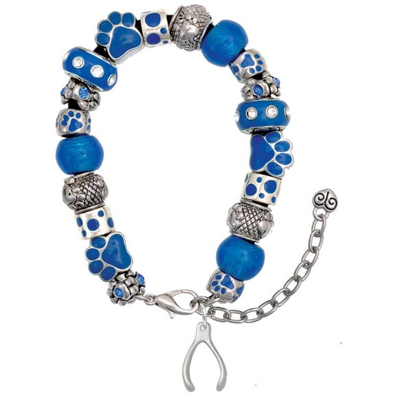 Delight Jewelry Silvertone Wishbone Blue Paw Print Bead Bracelet, 7"+2"
