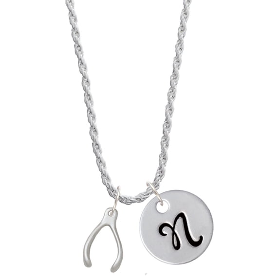 Delight Jewelry Silvertone Wishbone Silvertone Script Initial Disc - N - Charm Necklace, 20"+3"