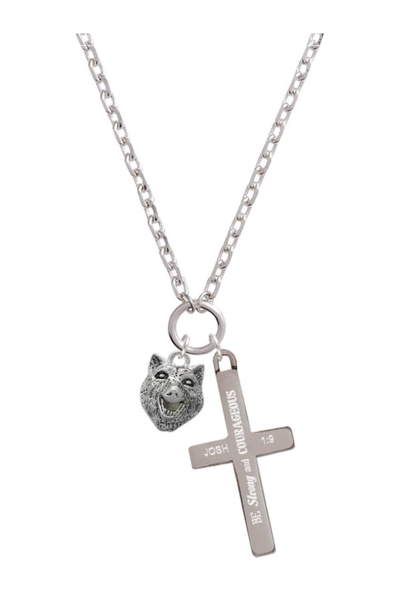 Silvertone Wolf Head Be Strong and Courageous Engraved Cross Zoey Necklace, 28"