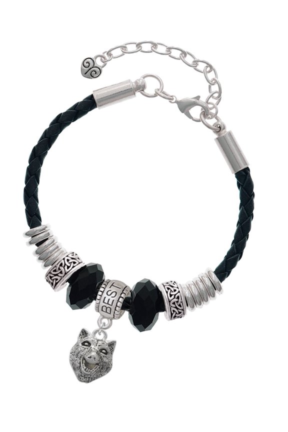 Silvertone Wolf Head Best Friend Celtic Knot Leather Bead Bracelet, 7"+2" Extender