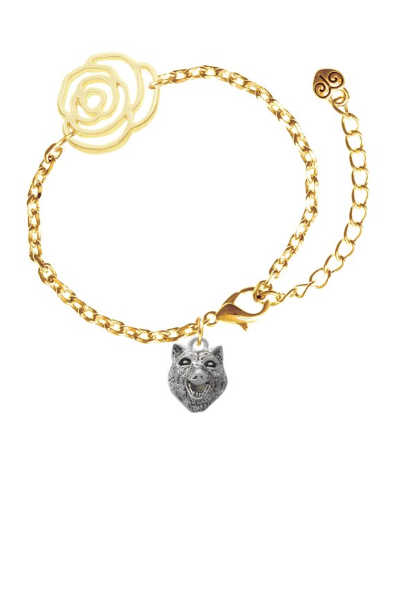 Silvertone Wolf Head Gold-tone Flower Link Chain Bracelet, 6.75"+2" Extender