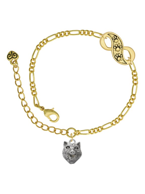 Silvertone Wolf Head Gold-tone Paw Infinity Link Chain Bracelet, 6"+2" Extender