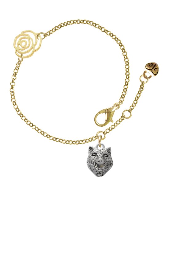 Silvertone Wolf Head Gold-tone Rose Link Chain Bracelet, 6.25"+1.75" Extender