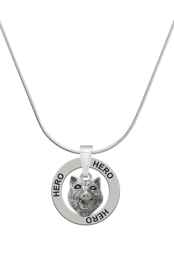 Silvertone Wolf Head Hero Ring Charm Necklace, 18"