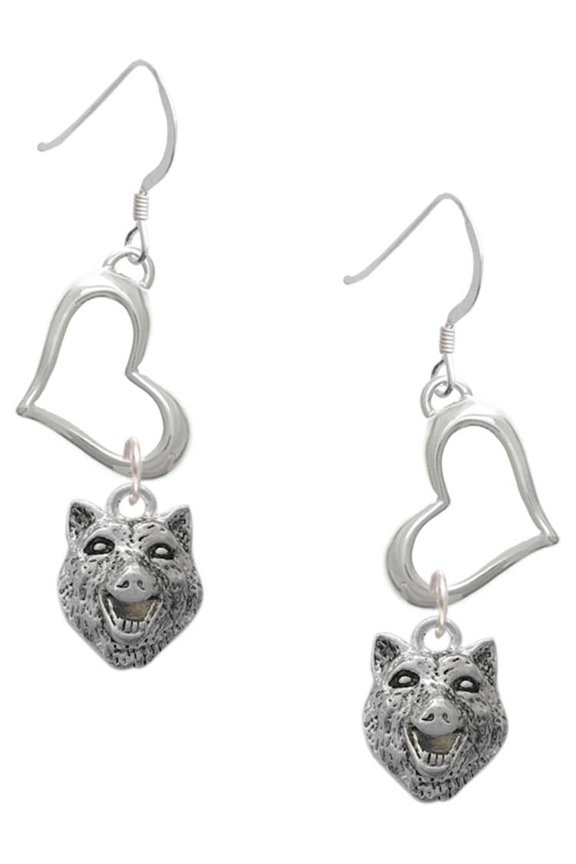 Silvertone Wolf Head Open Heart French Earrings