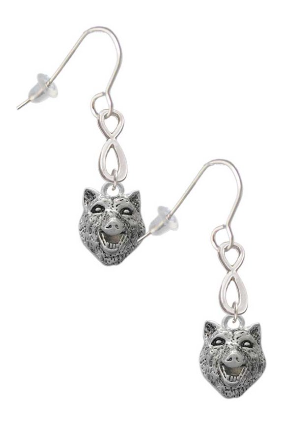 Silvertone Wolf Head Silver tone Infinity French Earrings