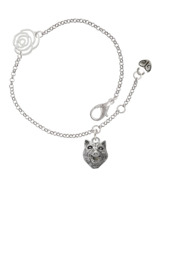 Silvertone Wolf Head Silver-tone Rose Link Chain Bracelet, 6.25"+1.75" Extender