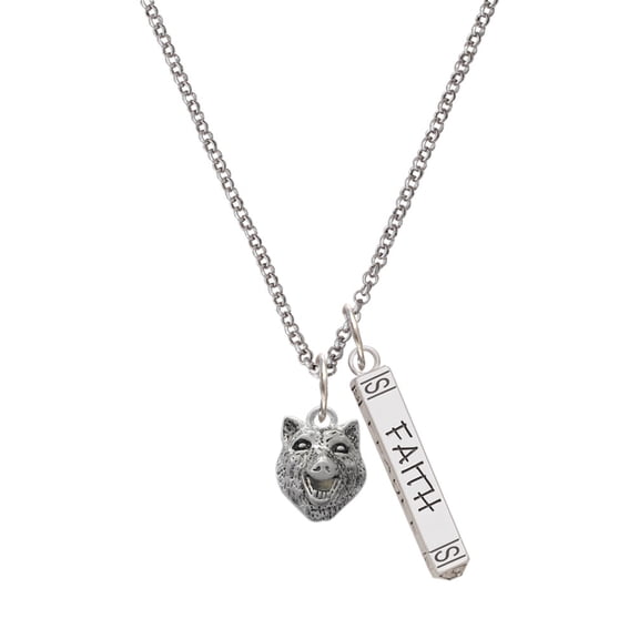 Delight Jewelry Silvertone Wolf Head Silvertone Believe Faith Prayer Hope Bar Charm Necklace, 23"