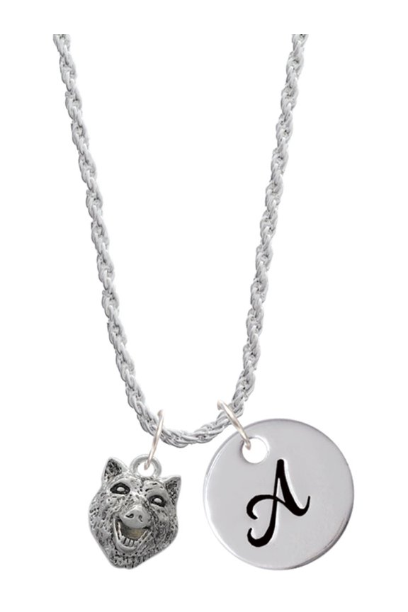Silvertone Wolf Head Silvertone Script Initial Disc - A - Charm Necklace, 20"+3"