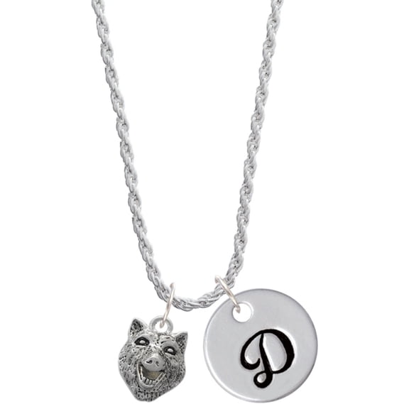 Delight Jewelry Silvertone Wolf Head Silvertone Script Initial Disc - D - Charm Necklace, 20"+3"