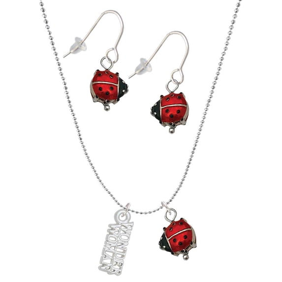 Delight Jewelry Silvertone Wonder Woman Red Lucky Ladybug Necklace and Dangle Earrings Set