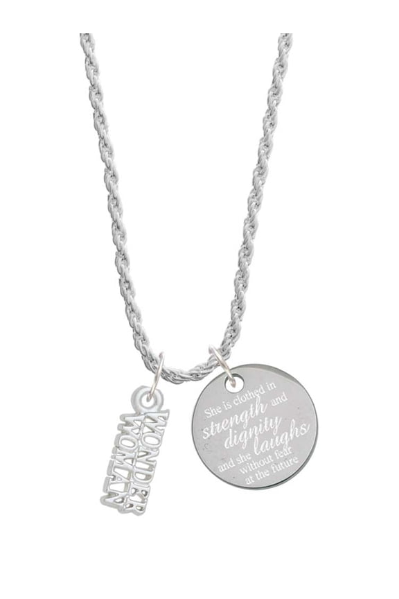 Silvertone Wonder Woman She is Clothed in Stength and Dignity Charm Necklace, 20"+3"