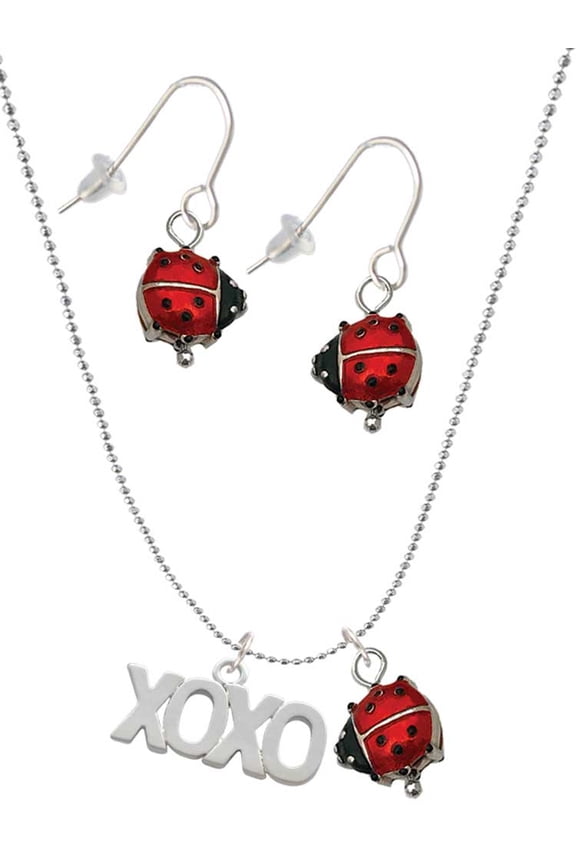 Silvertone XOXO Red Lucky Ladybug Necklace and Dangle Earrings Set