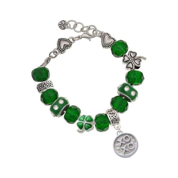 Delight Jewelry Silvertone XOXO - Round Seal - Green Irish Luck Bead Charm Bracelet, 7.5"